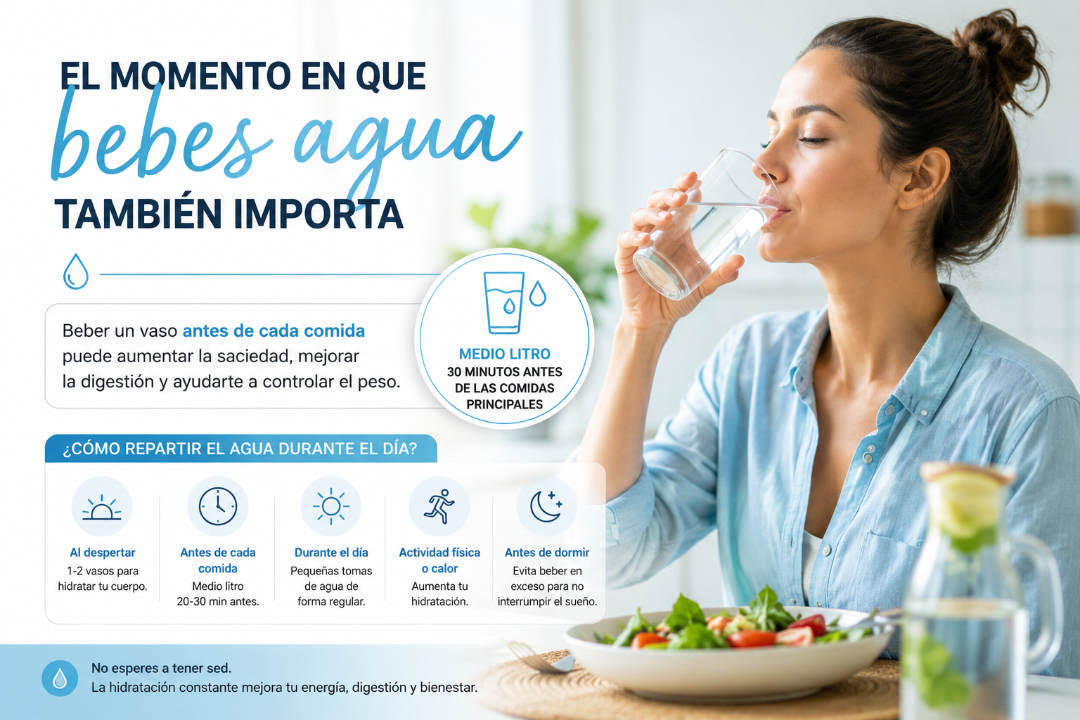 El mejor momento del día para beber agua: por qué el vaso antes de cada comida ayuda a la digestión y al control del peso